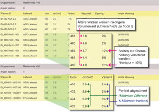 Reportansichten eines Rasterwalzen-Management-Systems