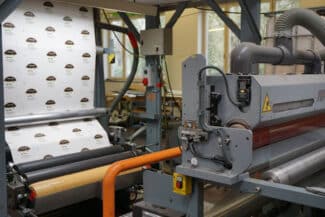 Die Beschichtung einer bedruckten Papierbahn mit dem neuen Barrierelack von Siegwerk auf der Flexodruckmaschine bei Rota-Druck