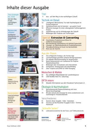 Inhaltsverzeichnis der Flexo+Tief-Druck 5-2023